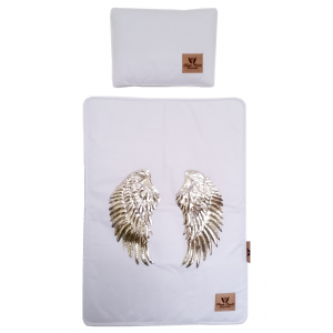 S/M WHITE WINGS SET Velvet Blanket + Pillow biała pościel niemowlęca do łóżeczka pościel ze złotymi skrzydłami złote skrzydła wi